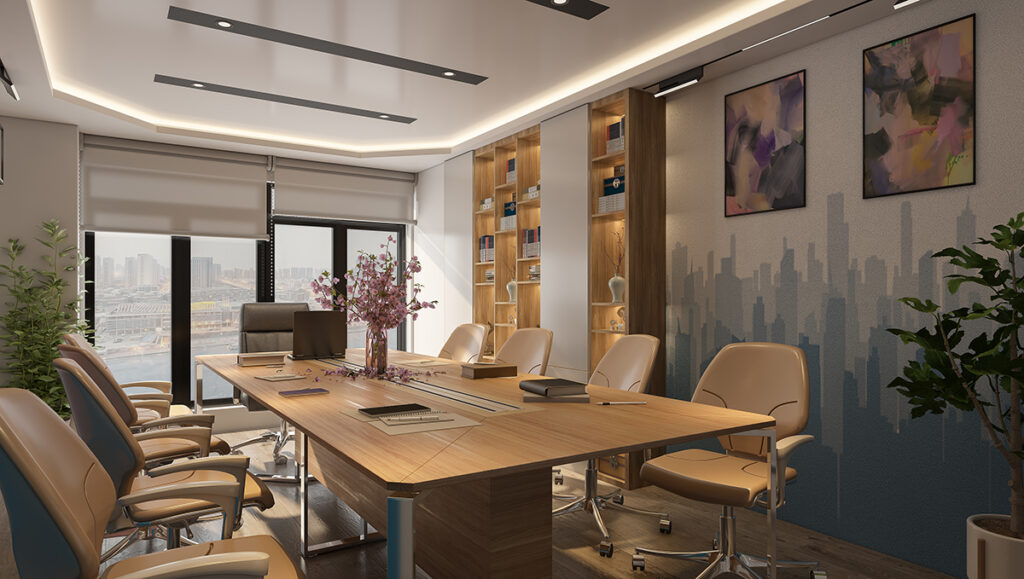 a spacious and collaborative meeting room with modern furniture and technology