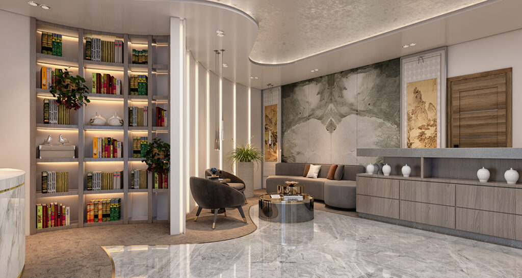 an office lobby with comfortable seating and plants for a calming atmosphere