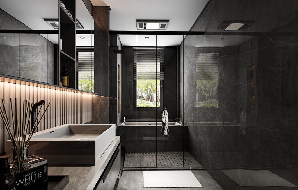 A bathroom with a soaking tub and rain shower