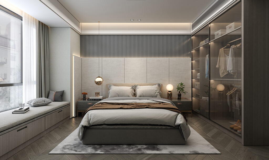 A lavish bedroom with plush bedding and ample closet space