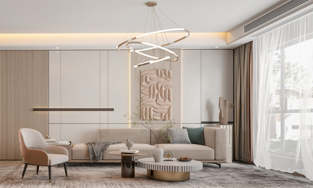 A stylish and inviting living room with furniture and statement lighting