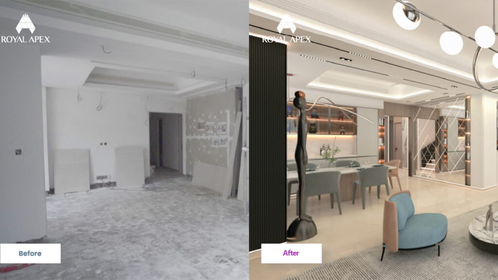 A picture showing the transformation of an interior space before and after design changes