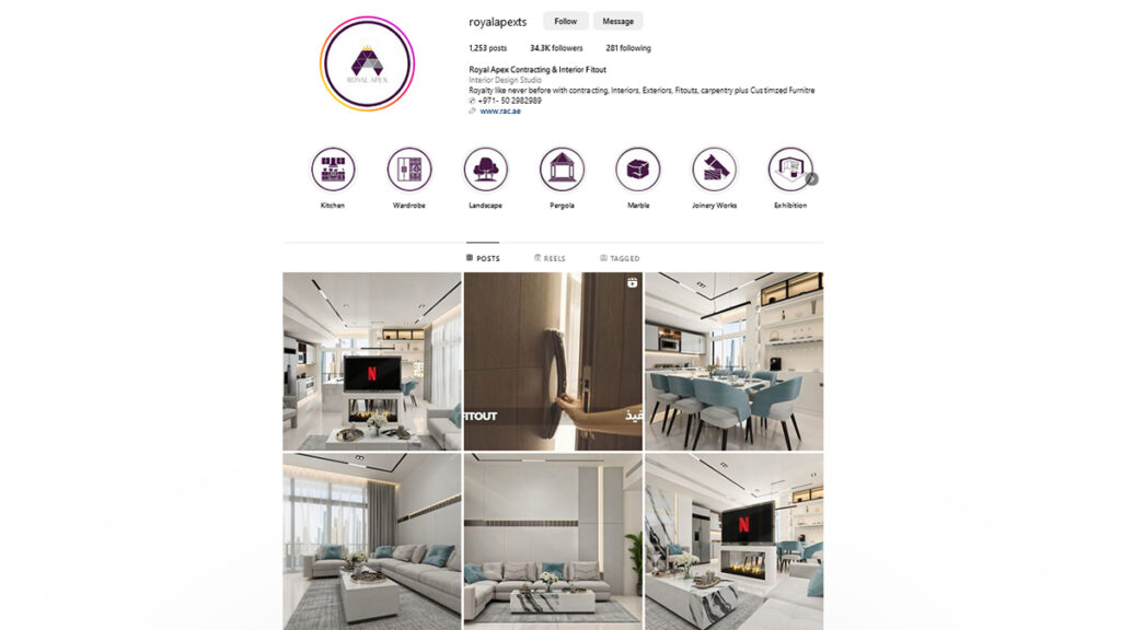 Screenshots of effective interior design social media profile