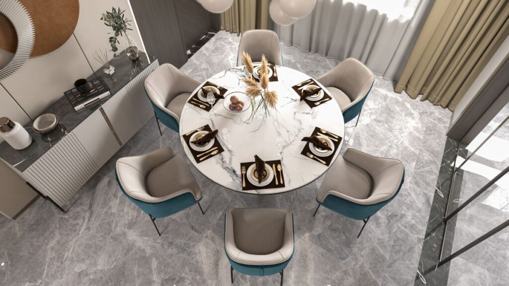 An elegant dining area featuring radial balance with a circular table surrounded by chairs arranged evenly around it