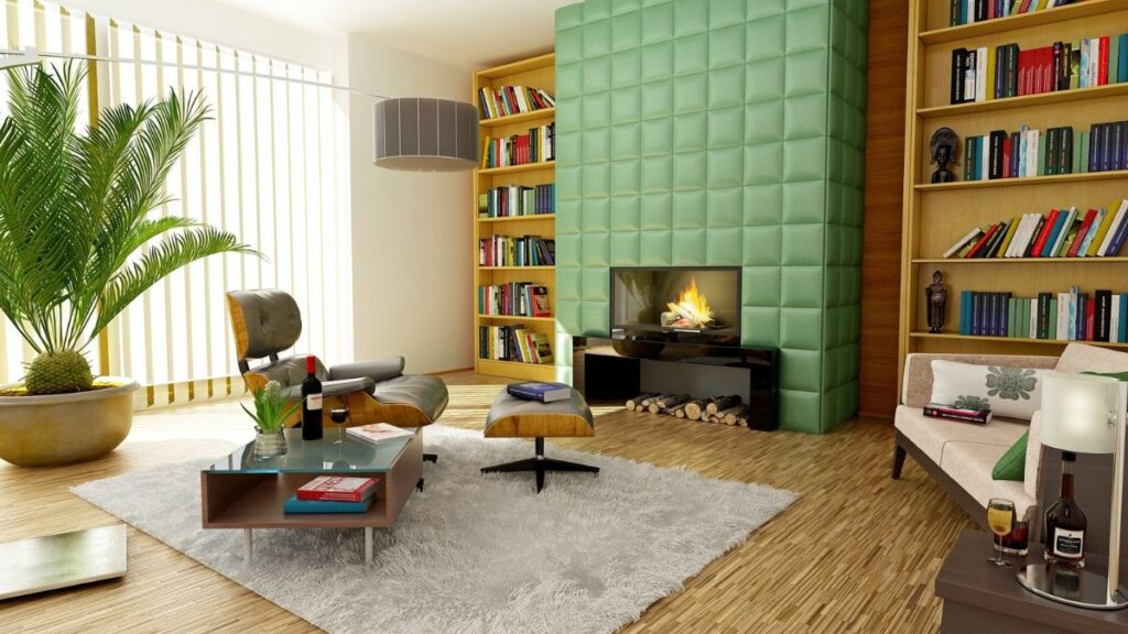 image of a living room with motorized blinds