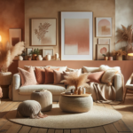 Cozy living room with warm and soft color palettes, comfortable furniture, and natural elements