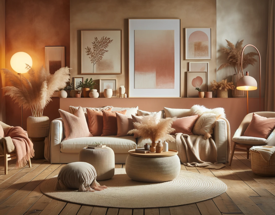 Cozy living room with warm and soft color palettes, comfortable furniture, and natural elements