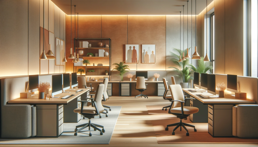 Modern office space with warm and soft color palettes, ergonomic furniture, and a calm atmosphere
