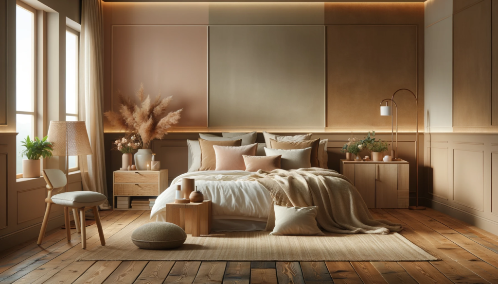Serene bedroom with warm and soft color palettes, plush bedding, and tranquil ambiance
