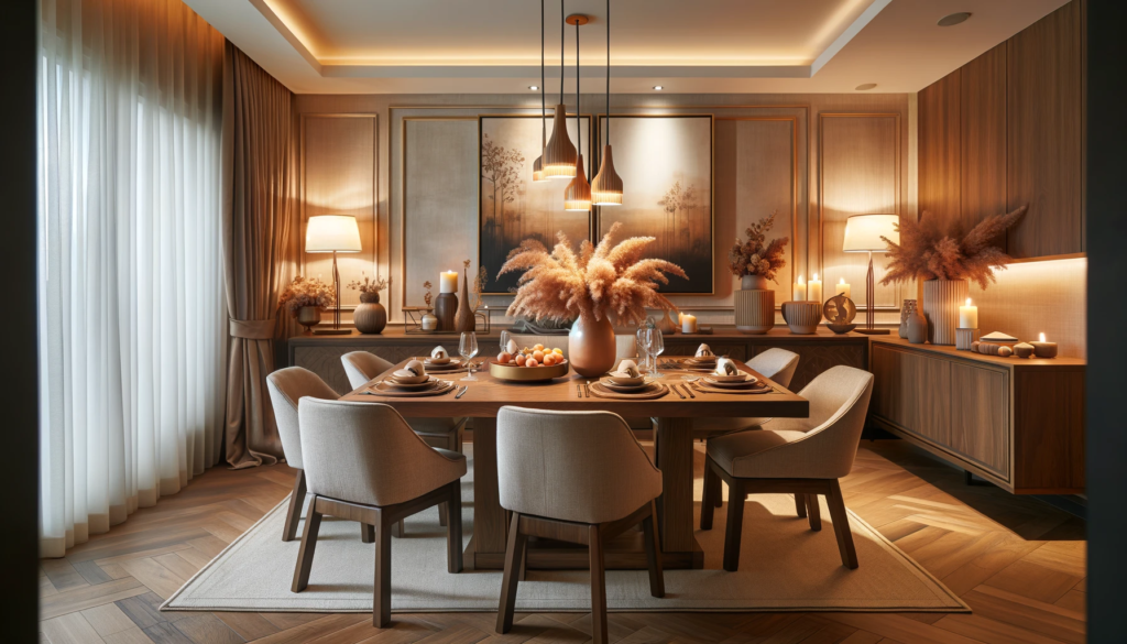 Stylish dining area with warm and soft color palettes, comfortable upholstery, and intimate lighting