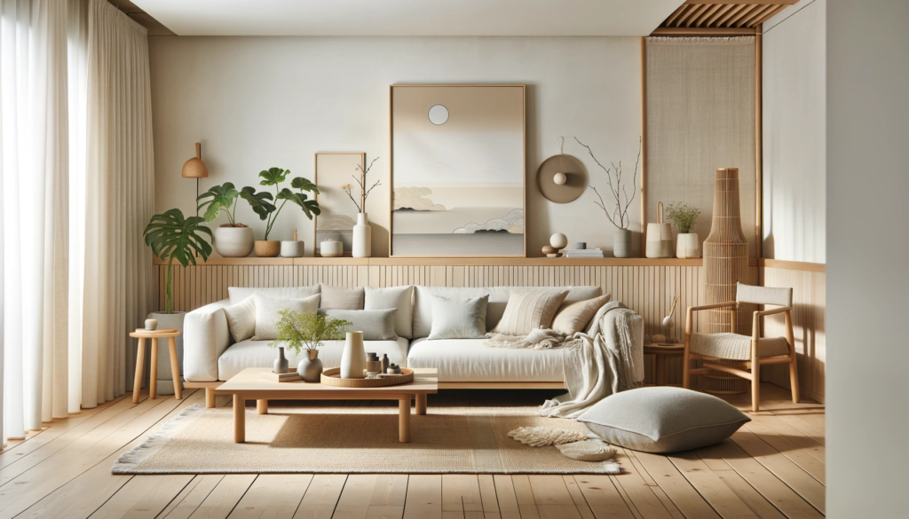Calming Japandi-style living space with a blend of Japanese and Scandinavian design elements