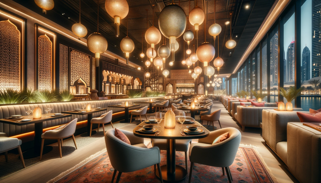 Elegant and well-lit dining area in Dubai restaurant, perfect for highlighting interior design lighting techniques.