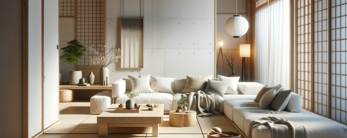 Serene Japandi-style living room with minimalist Japanese and cozy Scandinavian design elements