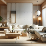 Serene Japandi-style living room with minimalist Japanese and cozy Scandinavian design elements