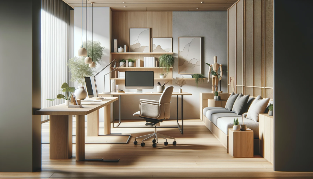 Elegant Japandi-style office space with Japanese minimalism and Scandinavian functionality