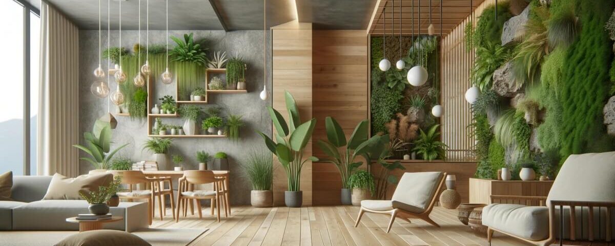 Modern interior with biophilic design elements, featuring living green walls and natural materials