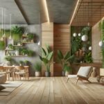 Modern interior with biophilic design elements, featuring living green walls and natural materials