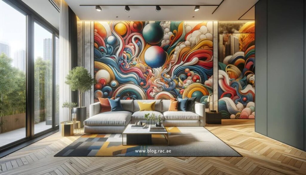 Living room with public art-inspired mural adding a unique flair