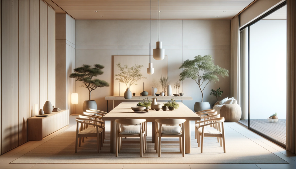 Tranquil Japandi-style dining area blending Japanese minimalism with Scandinavian warmth