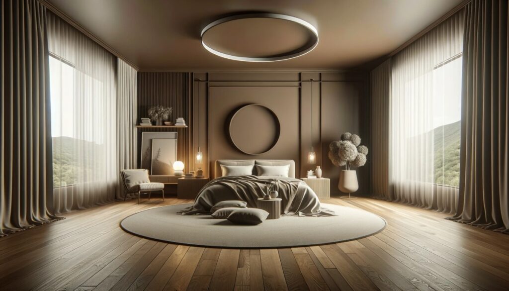 A serene bedroom in 2024 embracing the monochromatic trend with various shades of brown, from deep chocolate on the wall to lighter tones on furniture and bedding.