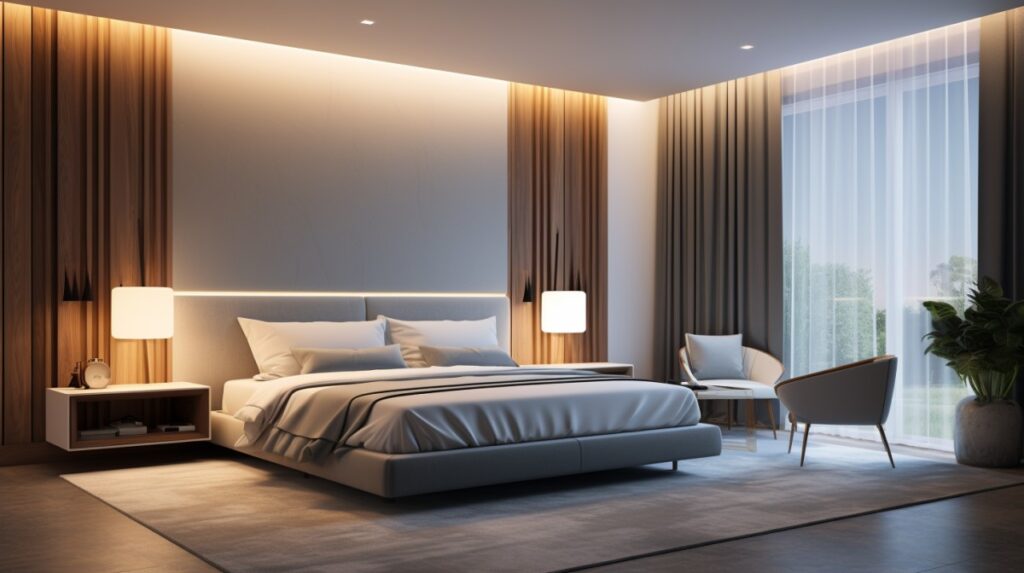 Tranquil guest room in a contemporary luxury suite featuring a plush bed, serene colors, and natural textures