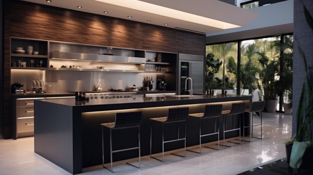 Gourmet kitchen in a contemporary luxury apartment boasting sleek appliances, modern cabinetry, and designer touches.