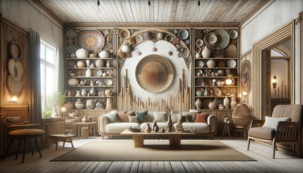 A unique living space in 2024 featuring handcrafted ceramic decor and vintage furniture pieces, showcasing the trend of personalizing spaces with individual style.