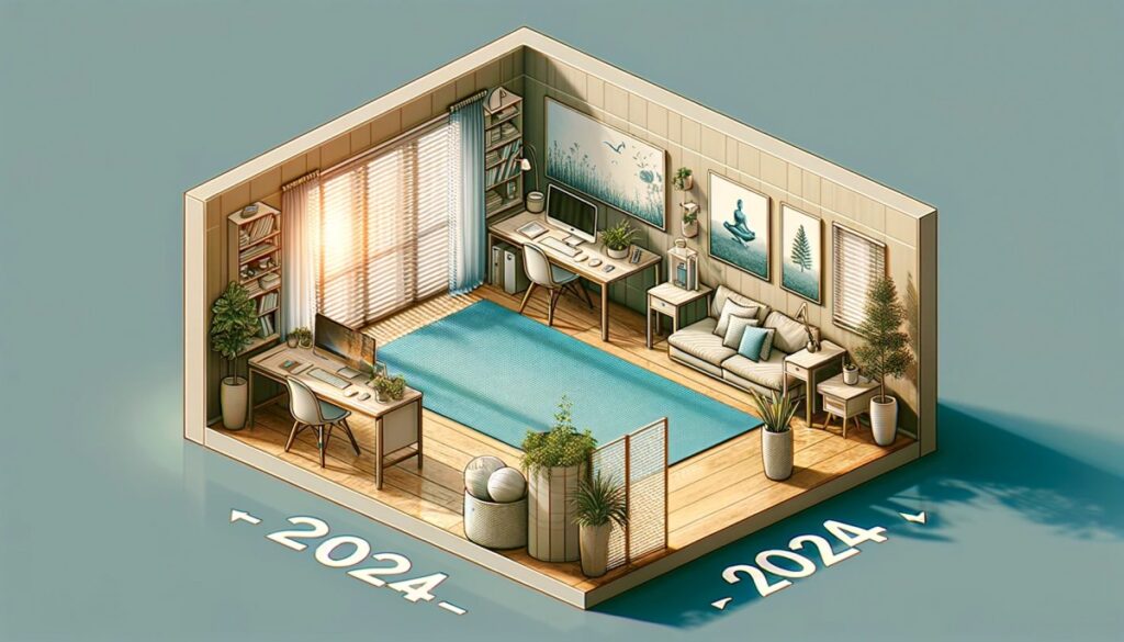 A multi-purpose room in 2024 serving as both a home office and a yoga space, demonstrating the versatility of adaptable interior design.