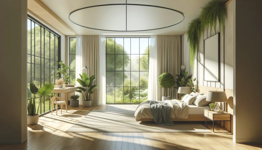 A peaceful bedroom in 2024 filled with natural light and greenery, reflecting the trend of incorporating biophilic design elements for a calming and rejuvenating space.