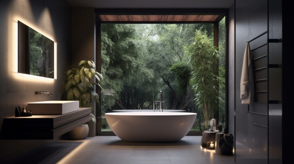 Spa-like bathroom in a contemporary luxury suite featuring a soaking tub, rain shower, and opulent finishes.