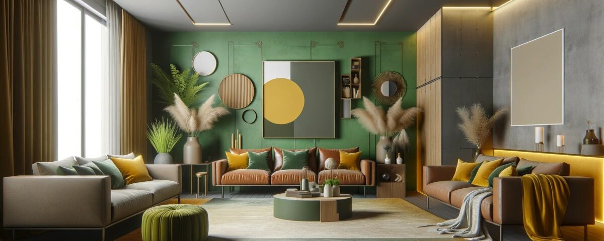 A modern living room in 2024 showcasing bold color trends with a vibrant green accent wall, earthy brown furniture, and pops of yellow in decorative elements.