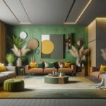 A modern living room in 2024 showcasing bold color trends with a vibrant green accent wall, earthy brown furniture, and pops of yellow in decorative elements.