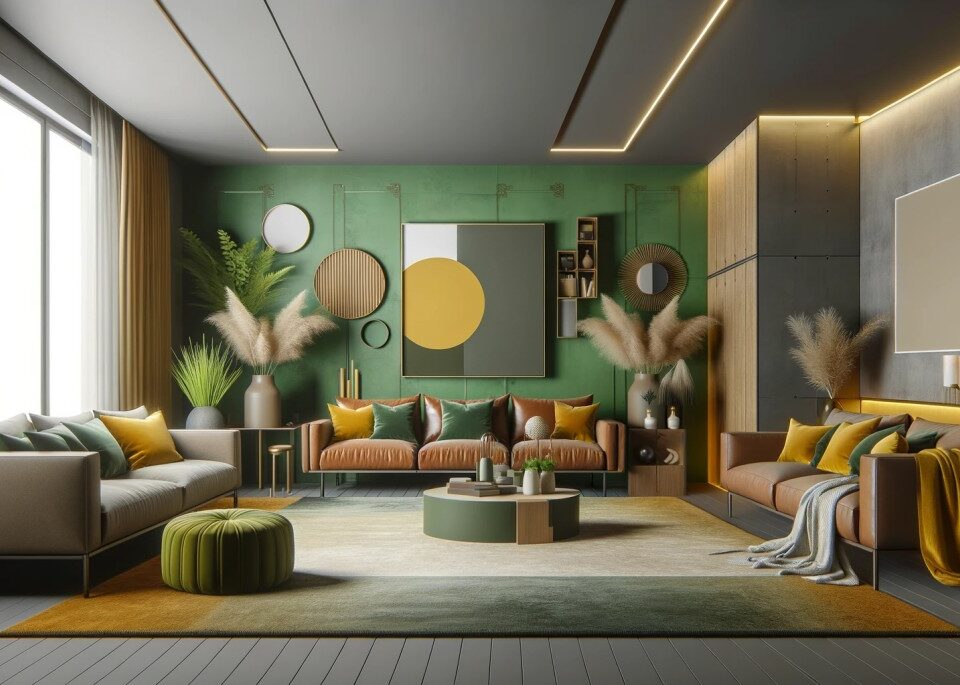 A modern living room in 2024 showcasing bold color trends with a vibrant green accent wall, earthy brown furniture, and pops of yellow in decorative elements.