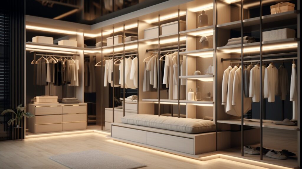 Walk-in closet in a contemporary luxury apartment showcasing designer storage solutions and ample hanging space.