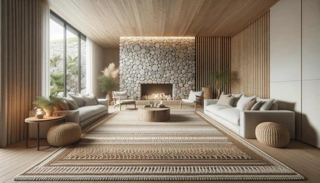 A cozy living area in 2024 featuring a natural stone wall and a textured woven rug for a warm and inviting atmosphere.