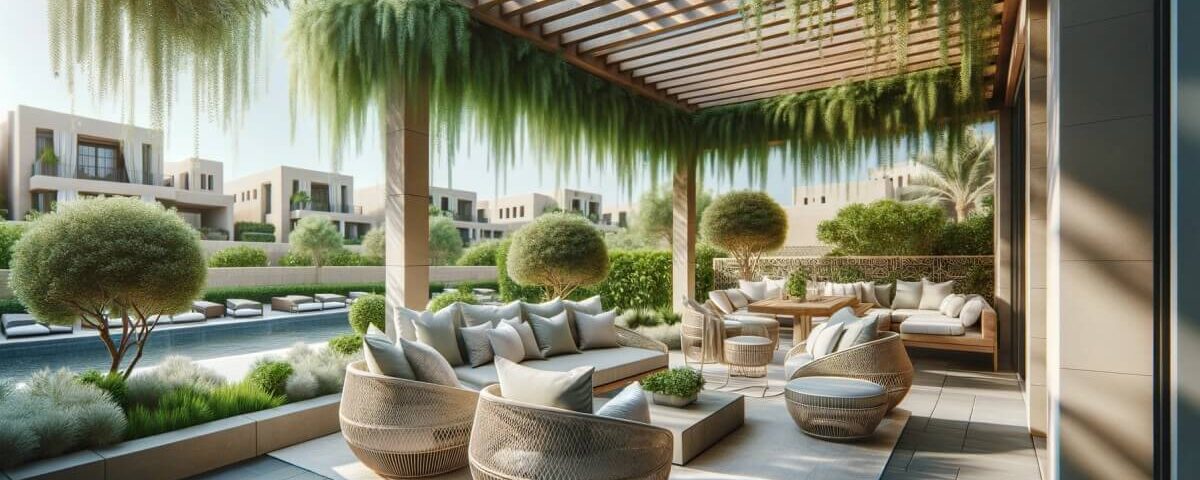 Elegant Outdoor Living Space in Dubai with Pergola and Comfortable Seating