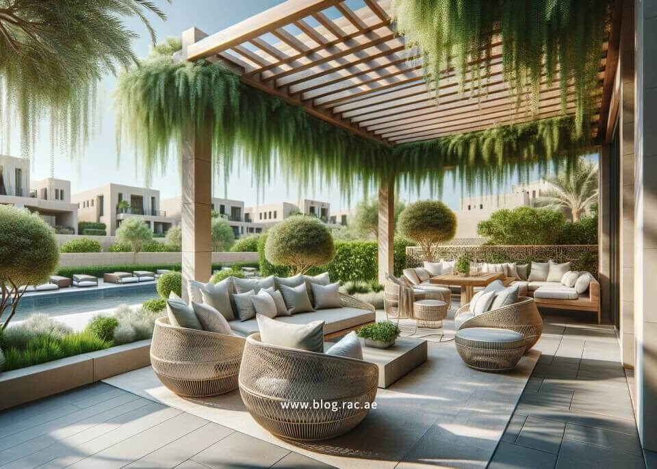 Elegant Outdoor Living Space in Dubai with Pergola and Comfortable Seating