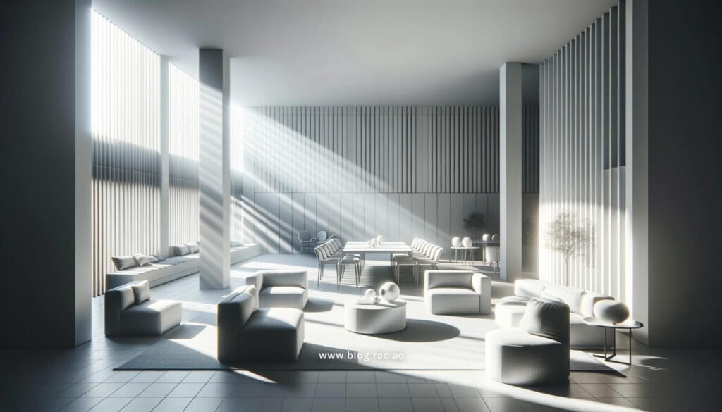 Sleek furniture arranged to allow light flow in a Dubai apartment.