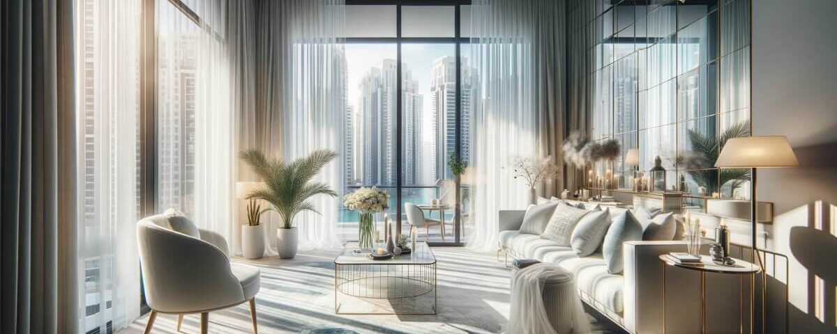 Bright and airy north-facing Dubai apartment interior maximized for natural light.