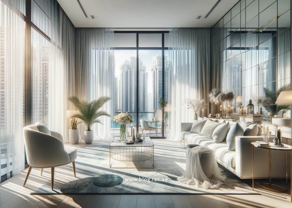 Bright and airy north-facing Dubai apartment interior maximized for natural light.