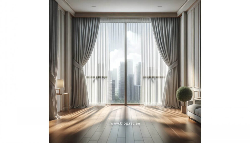 Sheer curtains on apartment windows allowing natural light.