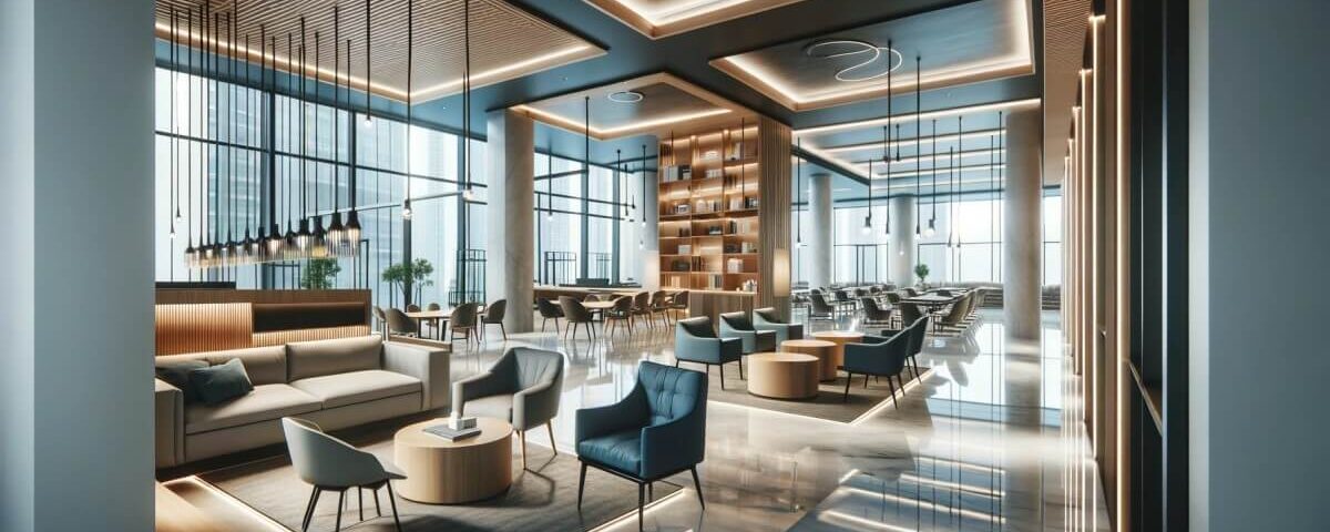 Wide view of a modern commercial interior design with stylish furniture and lighting