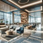 Wide view of a modern commercial interior design with stylish furniture and lighting