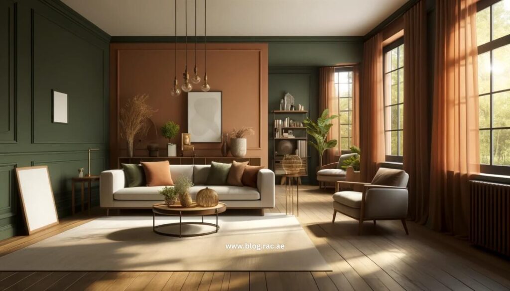 Living room with earthy tone paint colors for 2024