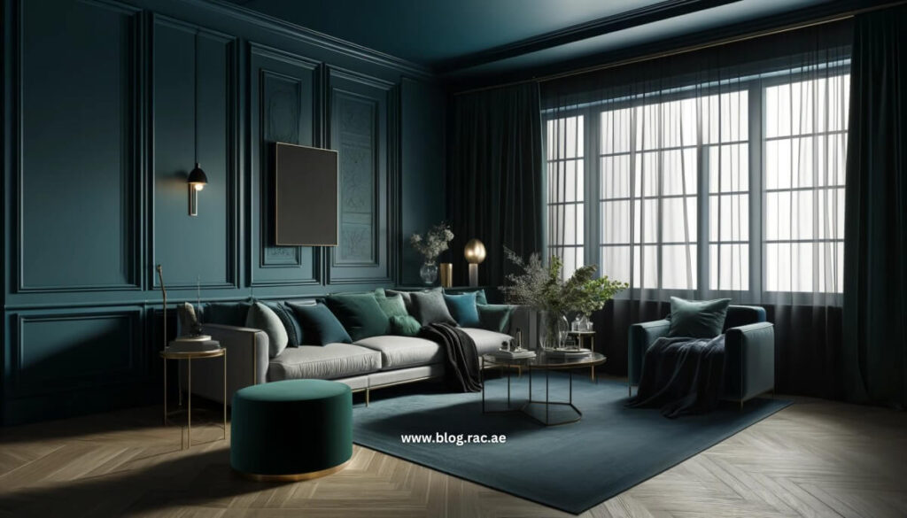 Elegant room with moody blue and green paint colors for 2024