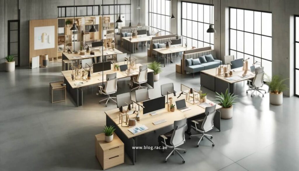 Collaborative office space with ergonomic furniture, natural lighting, and separate zones for teamwork and focus