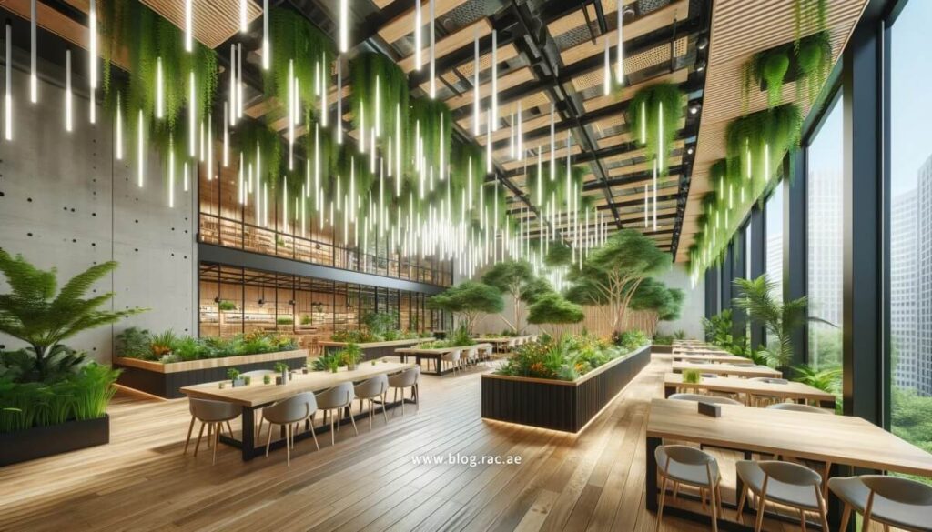 Interior view of a sustainable commercial space with eco-friendly materials and indoor greenery