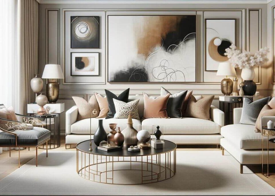 Artwork and accessories arranged in a beautifully decorated living room